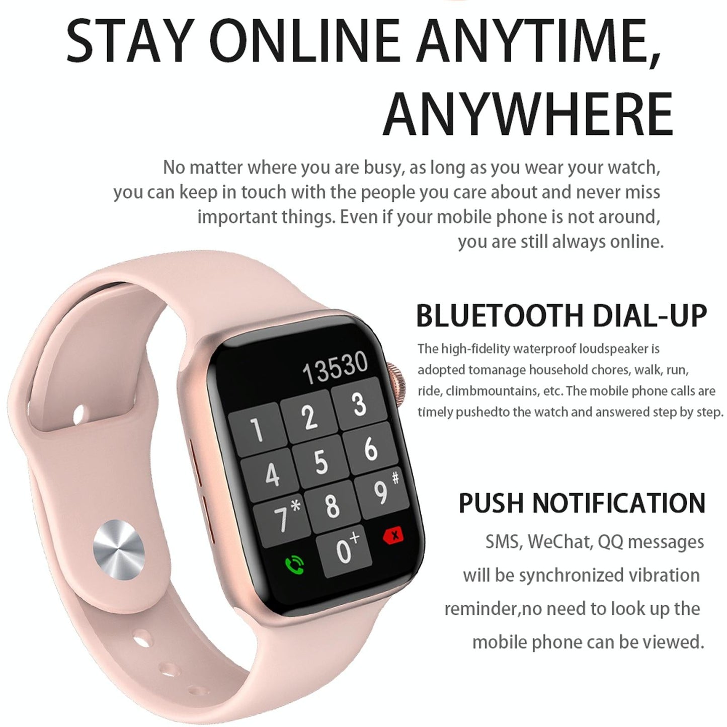 1.75 Inch Full Screen Ip67 Waterproof Smart Watch Support Sleep Monitor / Heart Rate Monitor / Bluetooth Call - Pink