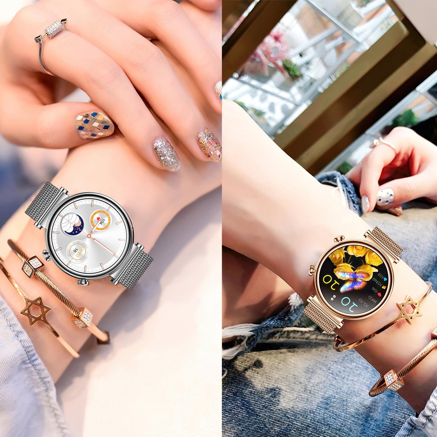 Women Smart Watch With Bt Call Health Tracking And Sos - Compact And Stylish - Silver Steel Band