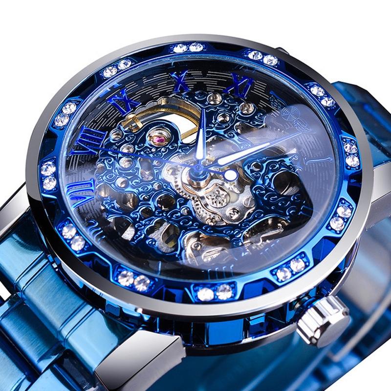 Men Skeleton Diamond Mechanical Watch - Luminous Pointer - Silver Belt Silver Shell White Face