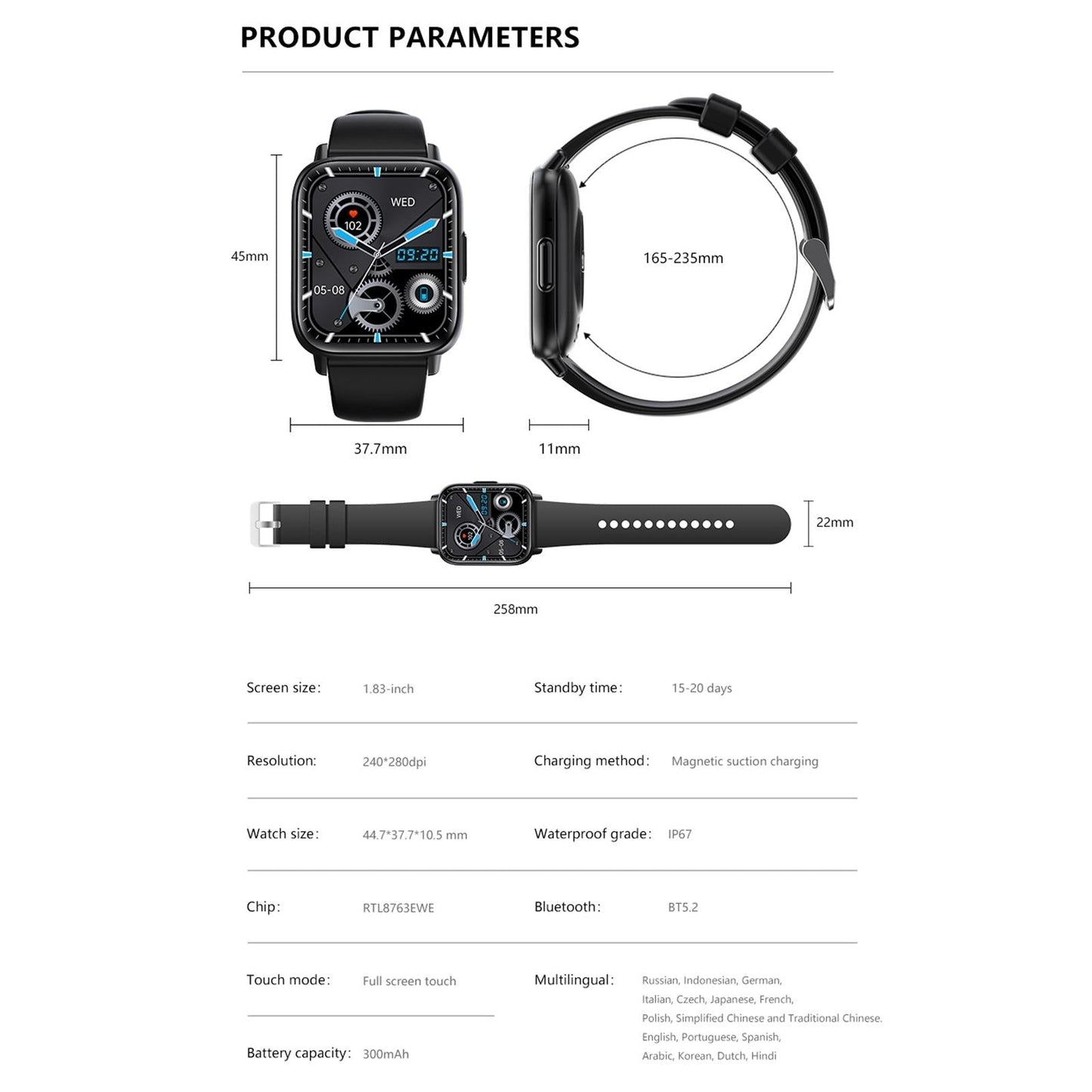1.83 Inch Bt5.2 Smart Sport Watch Support Bluetooth Call / Sleep / Blood Sugar / Blood Oxygen / Temperature / Heart Rate / Blood Pressure Health Monitor - Purple