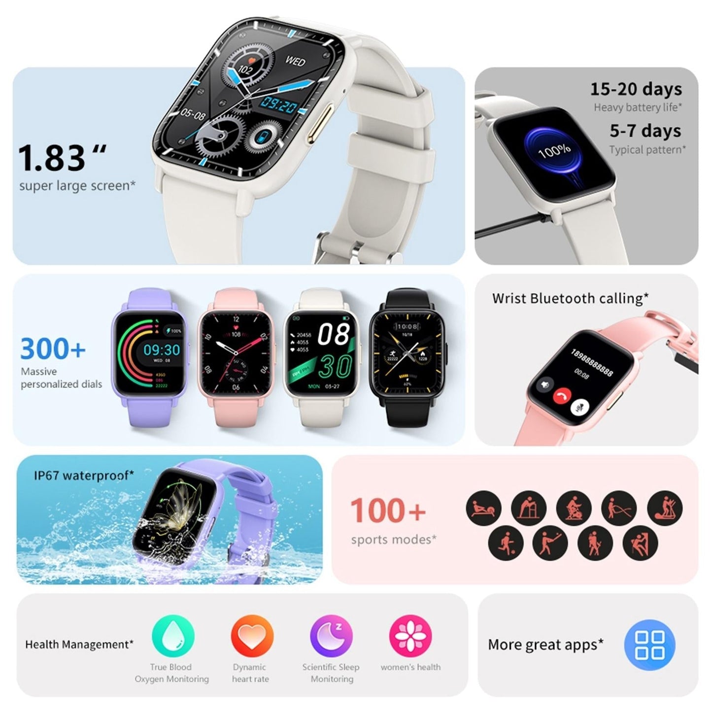 1.83 Inch Bt5.2 Smart Sport Watch Support Bluetooth Call / Sleep / Blood Sugar / Blood Oxygen / Temperature / Heart Rate / Blood Pressure Health Monitor - Purple