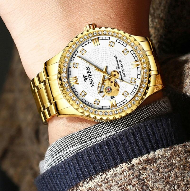 Gold Automatic Mechanical Watch with Diamond Accents for Men