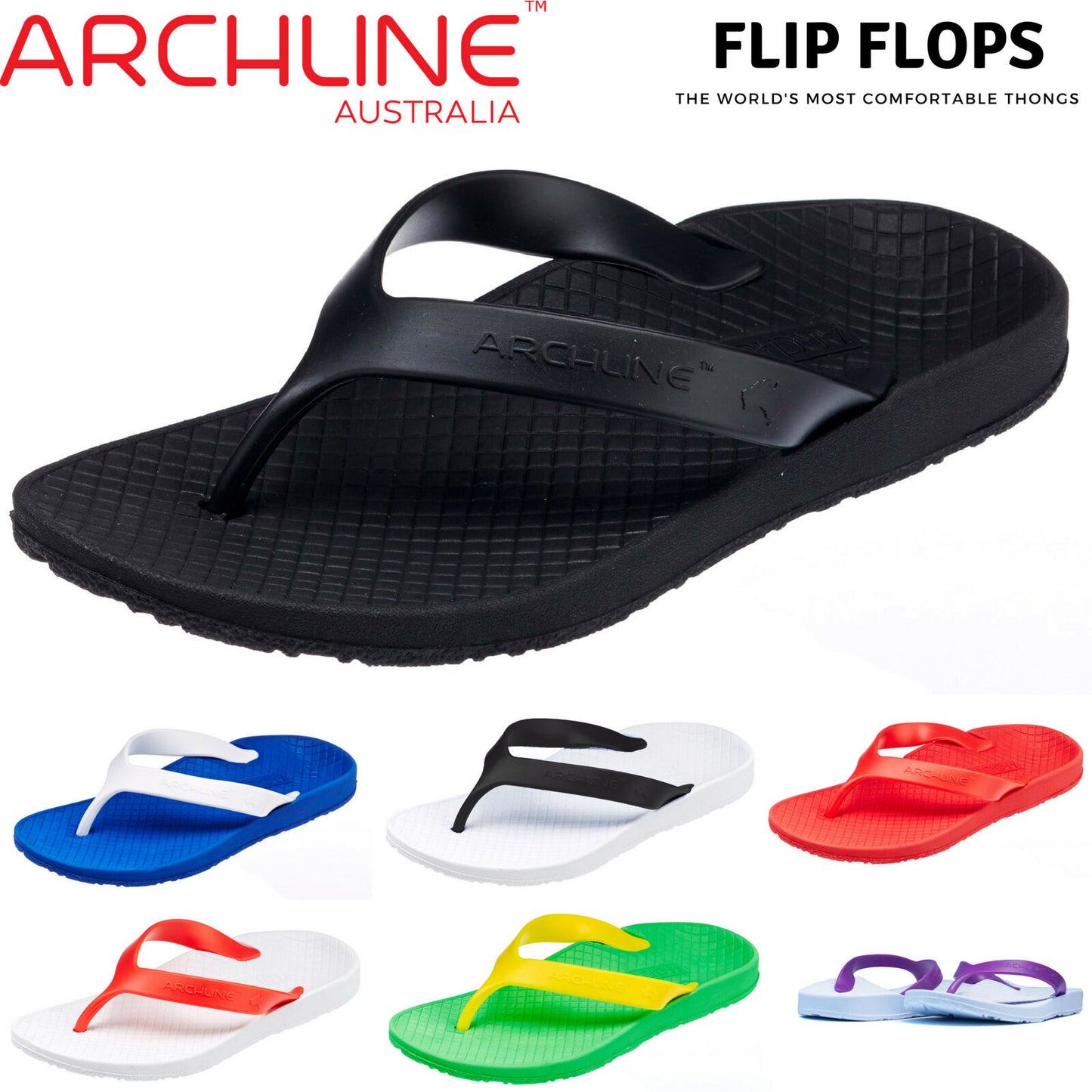 ARCHLINE Orthotic Thongs Arch Support Shoes Footwear Flip Flops Orthopedic - Black/Black - EUR 35