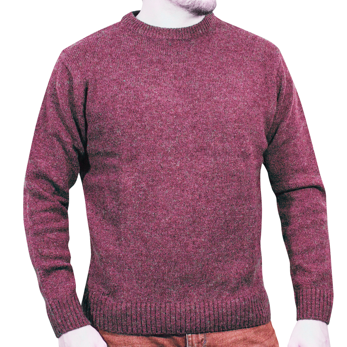 100% SHETLAND RAGG WOOL CREW Round Neck Knit JUMPER Pullover Mens Sweater Knitted - Burgundy - XXL