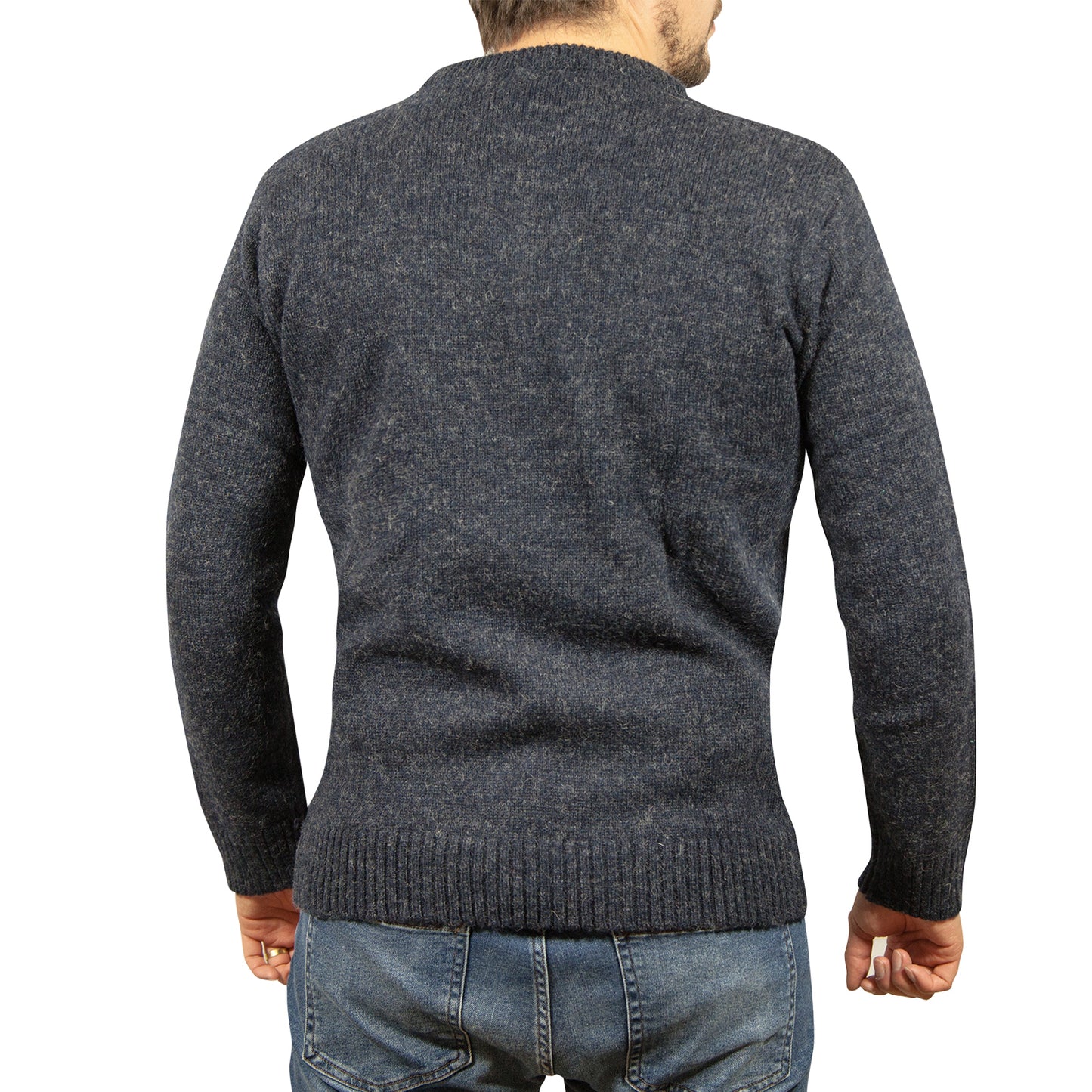 100% SHETLAND RAGG WOOL CREW Round Neck Knit JUMPER Pullover Mens Sweater Knitted - Navy - L