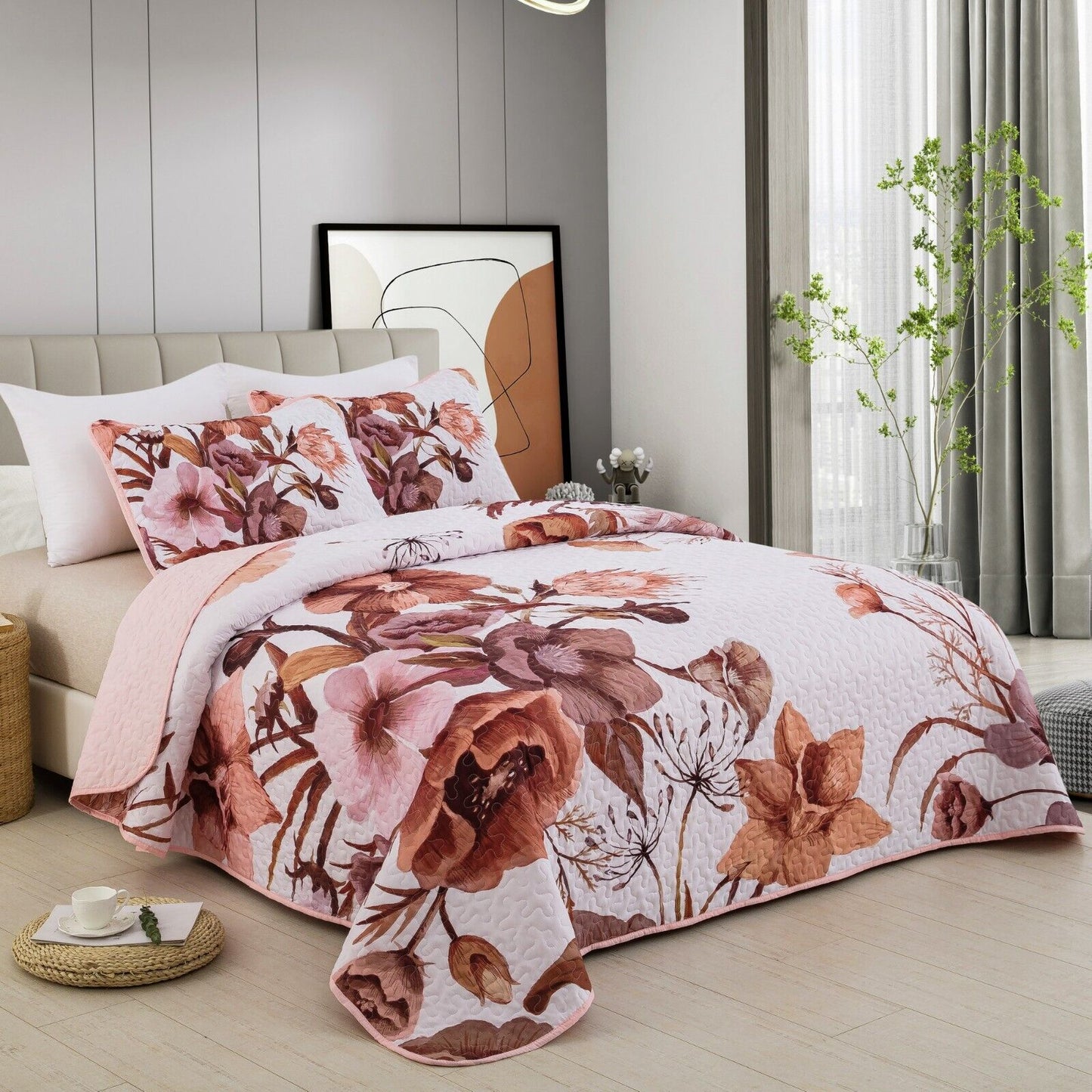 Serene Botanical Whisper romentic 3 Pc Bedspread & Pillow Cover Set