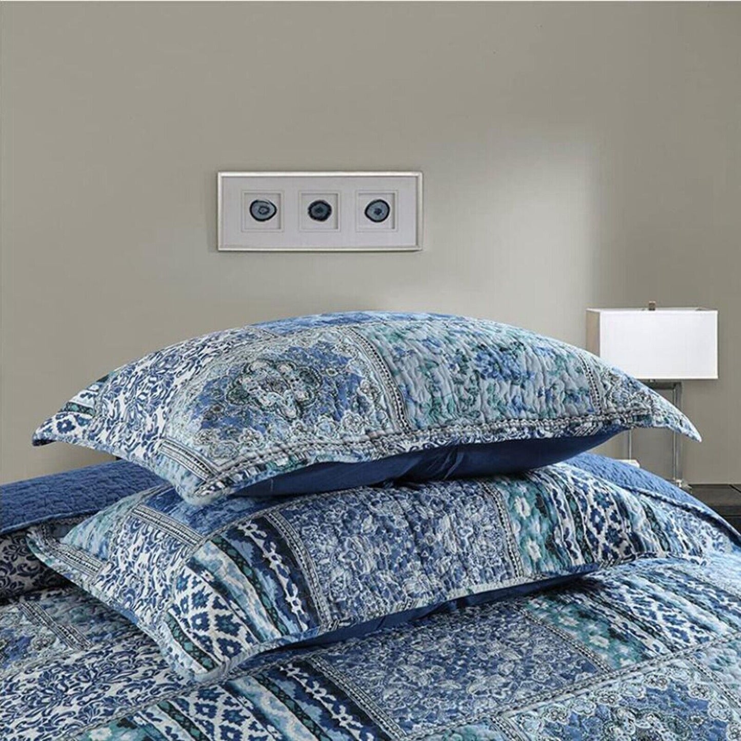Elegant patchwork Quilted blue 3 Pc Bedspread & Pillow Cover Set