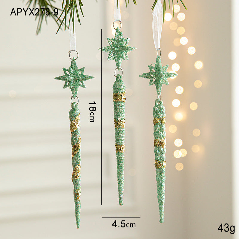Green Glitter Icicle Christmas Ornaments with Star Tops - Set of 3 Hanging DecorationsïŒ5 set in totalïŒ