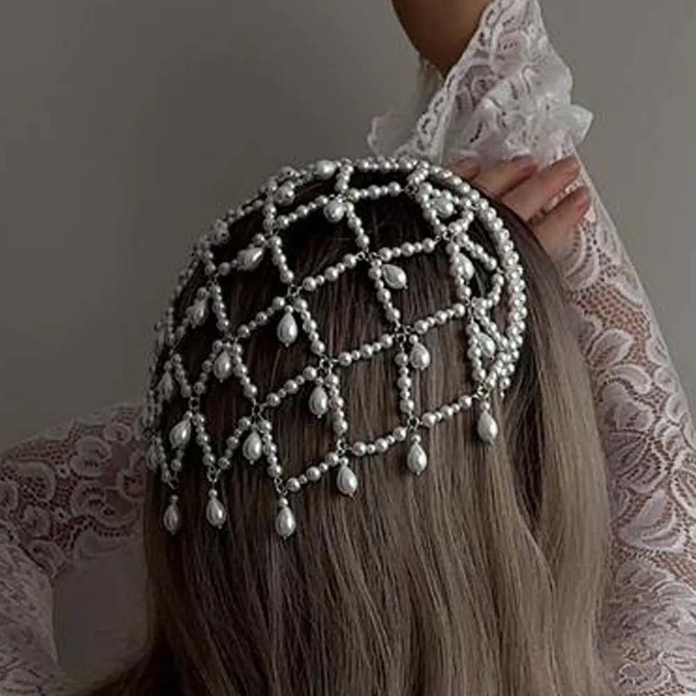 Silver Bohemian Pearl Net Headband โ Vintage Mesh Hair Accessory for Women | Elegant Faux Pearl Bridal Hairpiece