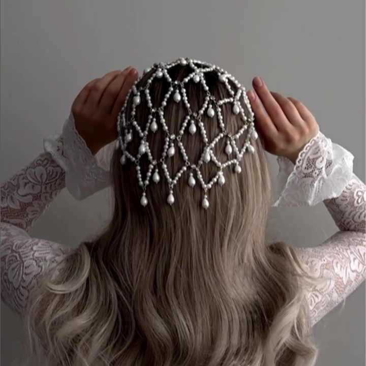 Silver Bohemian Pearl Net Headband โ Vintage Mesh Hair Accessory for Women | Elegant Faux Pearl Bridal Hairpiece