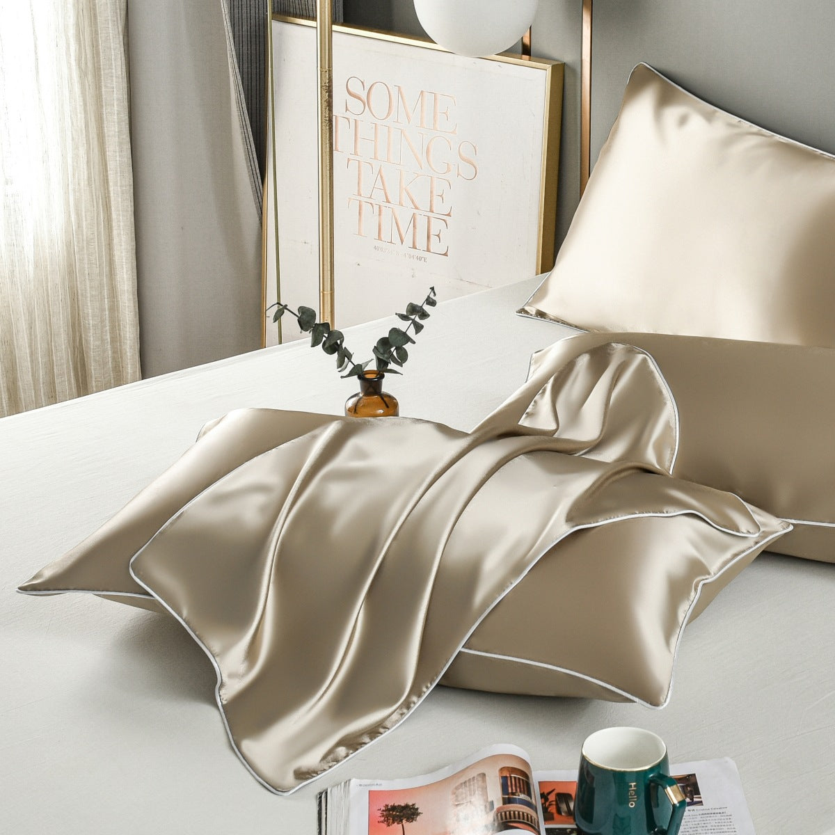 Champagne Gold Luxury Double-Sided Satin Silk Pillowcase β Summer Cooling Polyester Pillow Cover Set(Without Pillow Core)