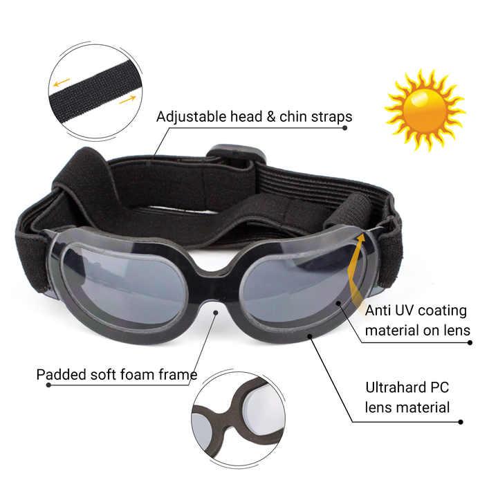 Blue Lenses Pet Sunglasses for Dogs and Cats โ UV Protection, Adjustable Strap, Anti-Wind and Anti-Fog Pet Goggles