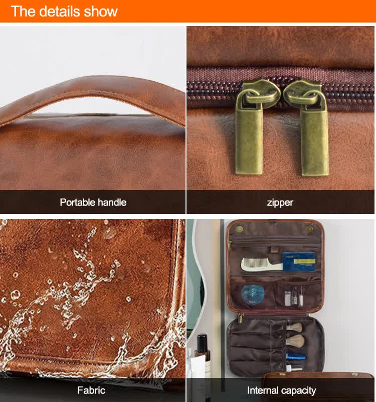 Reddish Brown Luxury PU Business Travel Toiletry Bag โ Large Capacity Waterproof Makeup Organizer with Dividers โ Portable & Stylish Bathroom Storage