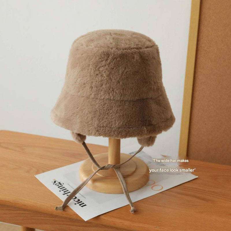 Plush Bucket Hat with Ear Flaps ,Warm Furry Winter Hat in Grey-One size (54-59cm) adjustable