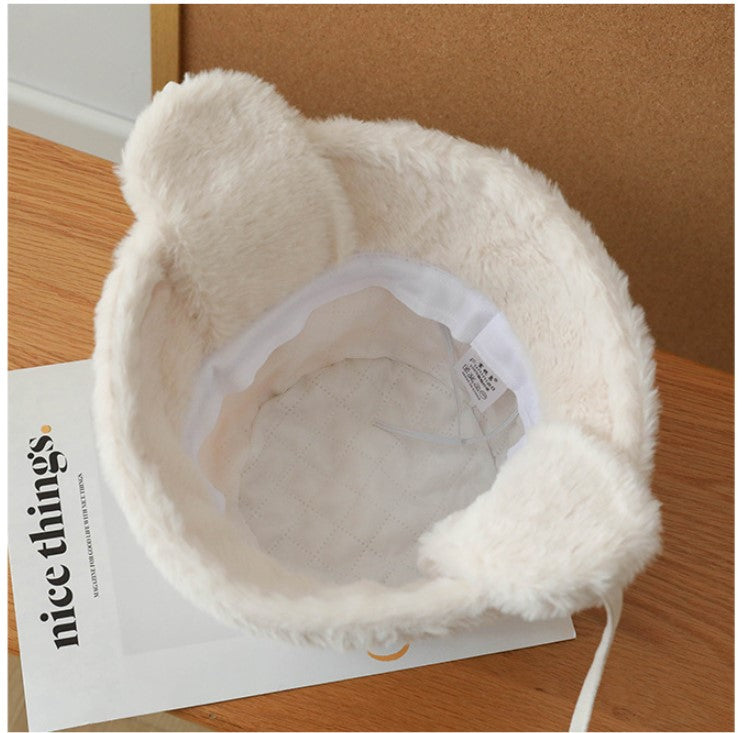 Plush Bucket Hat with Ear Flaps ,Warm Furry Winter Hat in Grey-One size (54-59cm) adjustable