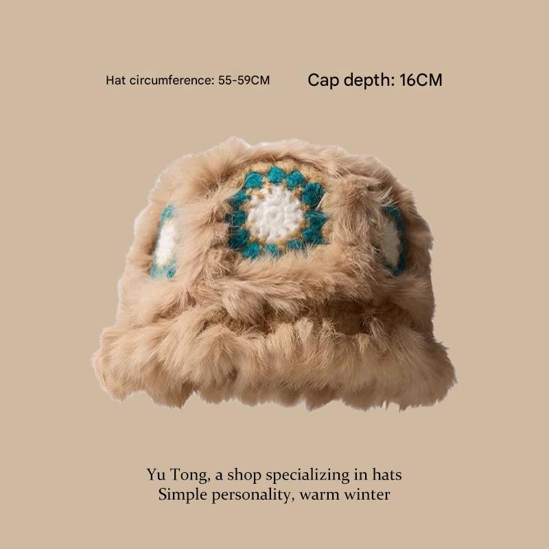 Plush Floral Bucket Hat,Warm Crocheted Winter Hat in Khaki-Hat circumference: 56-60cm