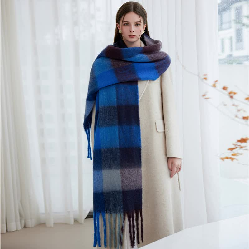 Winter Luxe Warm Oversized Scarf-Cozy Thick Plaid Wrap, European Chic Style(Dark blue plaid)