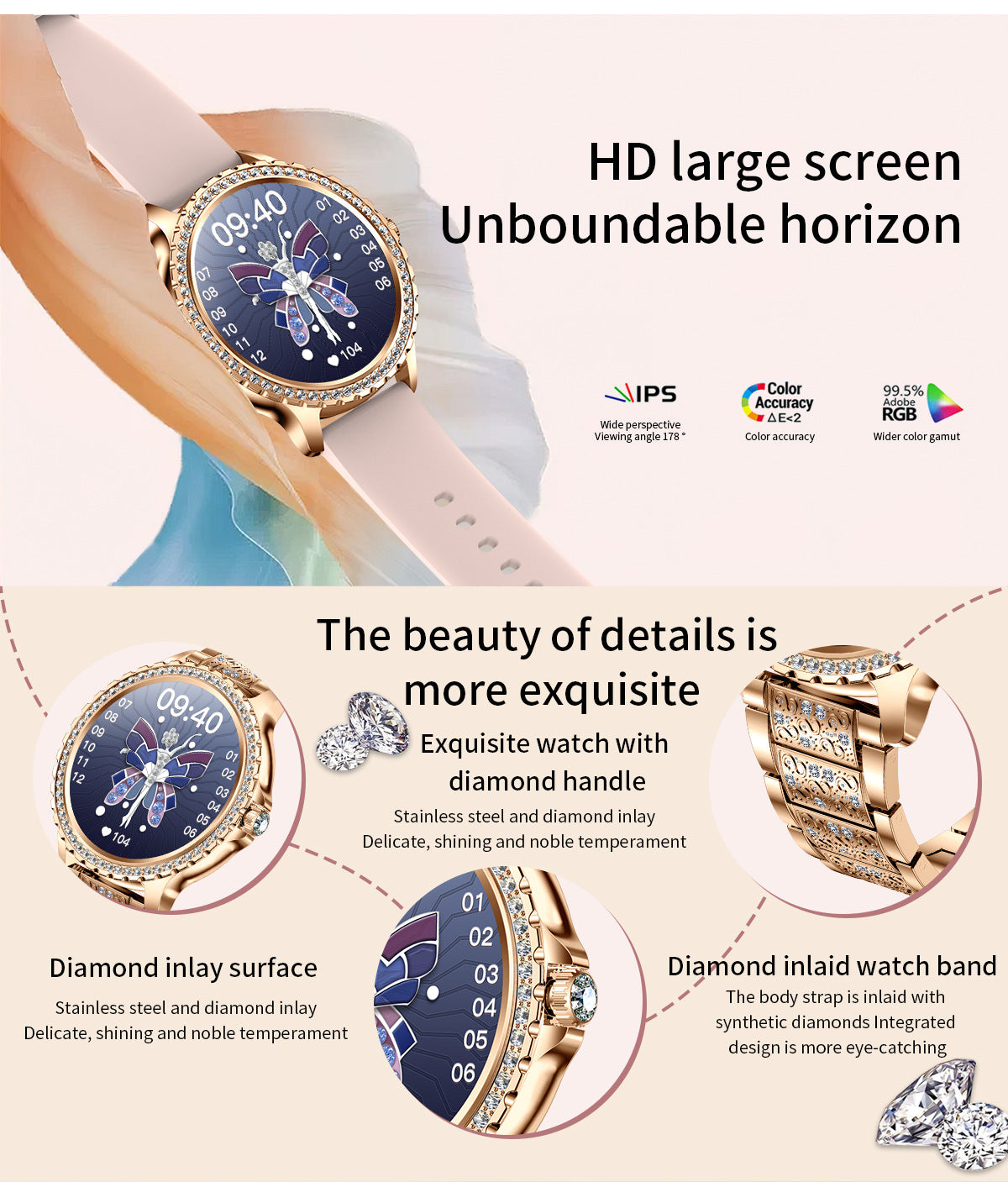 Elegant Women's Smartwatch,HD Touchscreen, Bluetooth Calls, Health Monitoring(Purple)