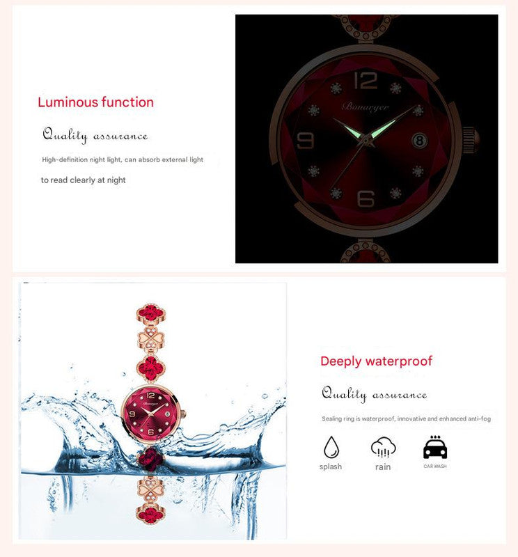 Red Women's Four-Leaf Clover Quartz Watch with Red Dial and Crystal Accents