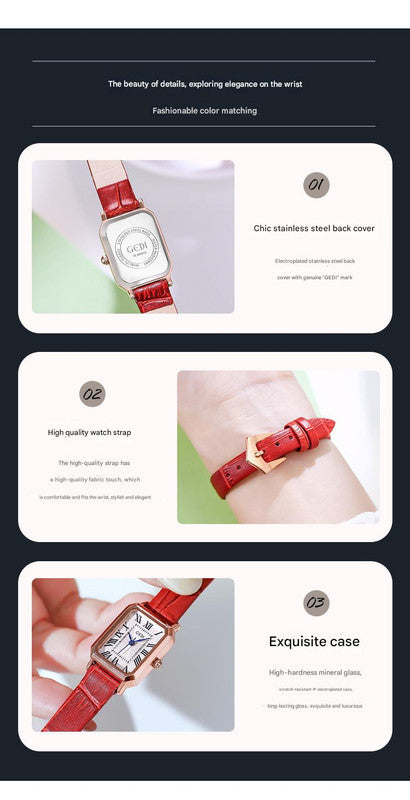 Rose gold case, white dial, grey belt Ladies Quartz Watch - Classic Rectangular, Leather Band