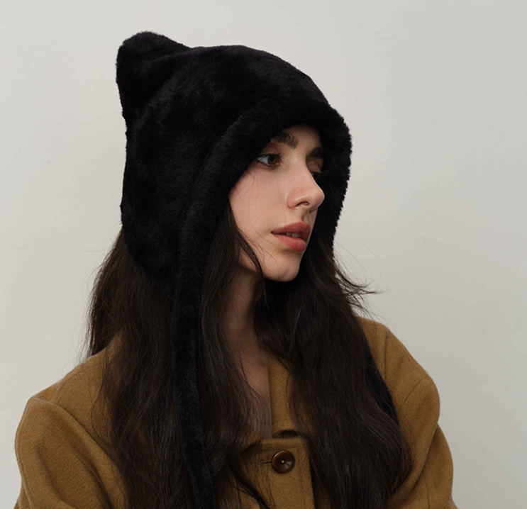Black Fluffy Cat Ear Winter Earflap Hat Women Knitted Warm Cold Weather Cap