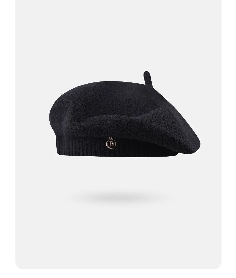 Black Vintage Inspired Knitted Beret - Stretchy & Comfortable Wool Blend Cap