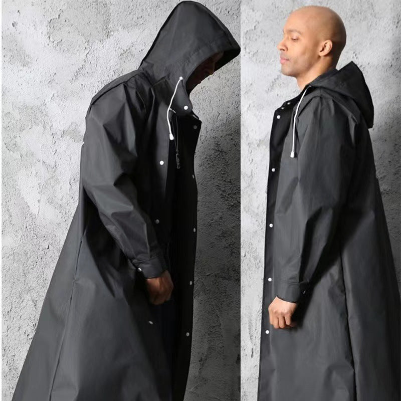 Stylish Black Trench Raincoat - Extra Long, Hooded, for Hiking & Fishing - L