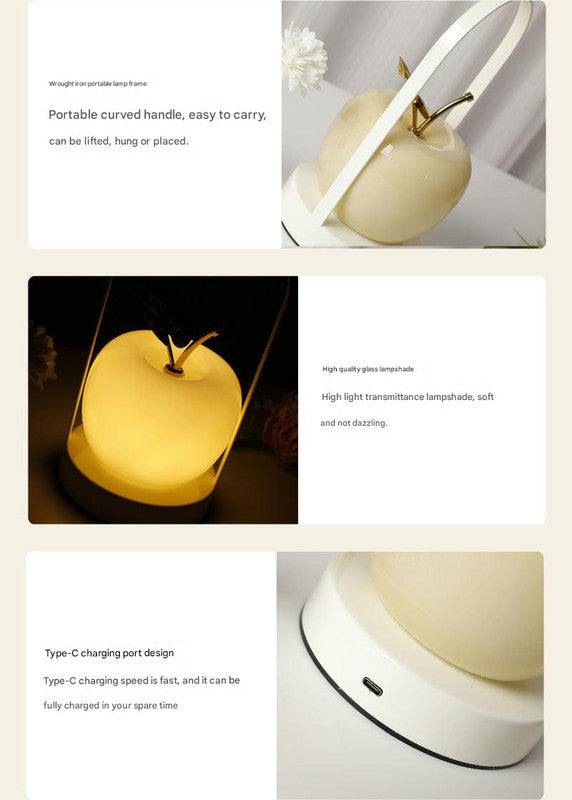 Orange Decorative Apple Table Lamp - USB-C, 3 Light Modes, Metal Handle