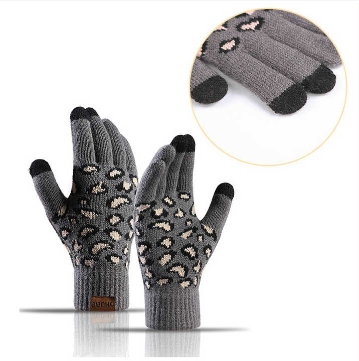 Dark Grey Women's 3-Piece Winter Knit Set - Leopard Print Plush Lined Beanie Hat, Scarf & Touchscreen Gloves