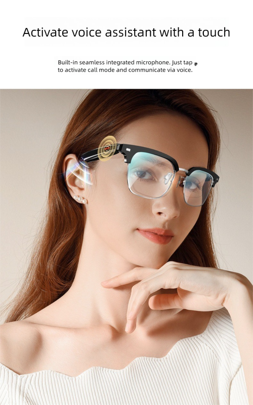 Black Half Frame Sunglasses Smart Audio Glasses with Bluetooth 5.0 - Open-Ear Directional Sound, Anti-Blue Light Lenses, IP65 Water Resistant