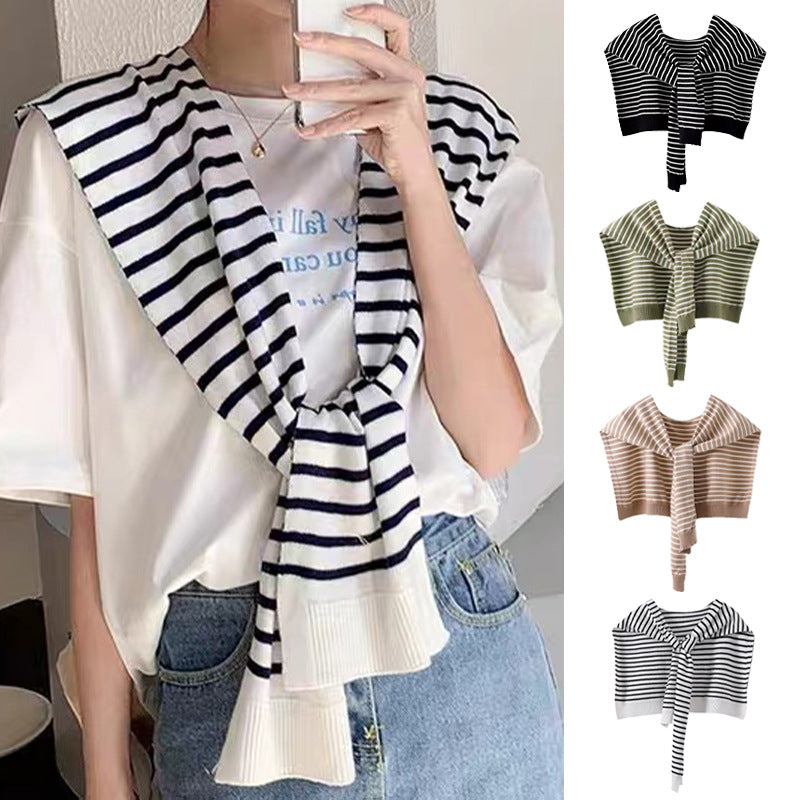 Khaki Chic Striped Knit Tie-Front Shawl - Lightweight Versatile Layering Capelet for Women