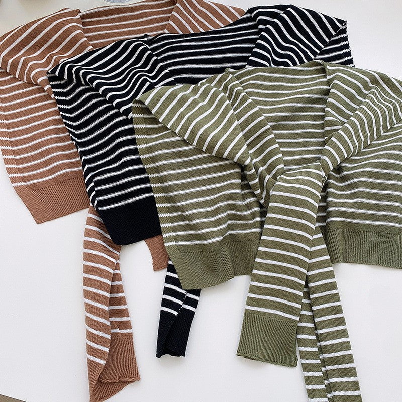 Khaki Chic Striped Knit Tie-Front Shawl - Lightweight Versatile Layering Capelet for Women