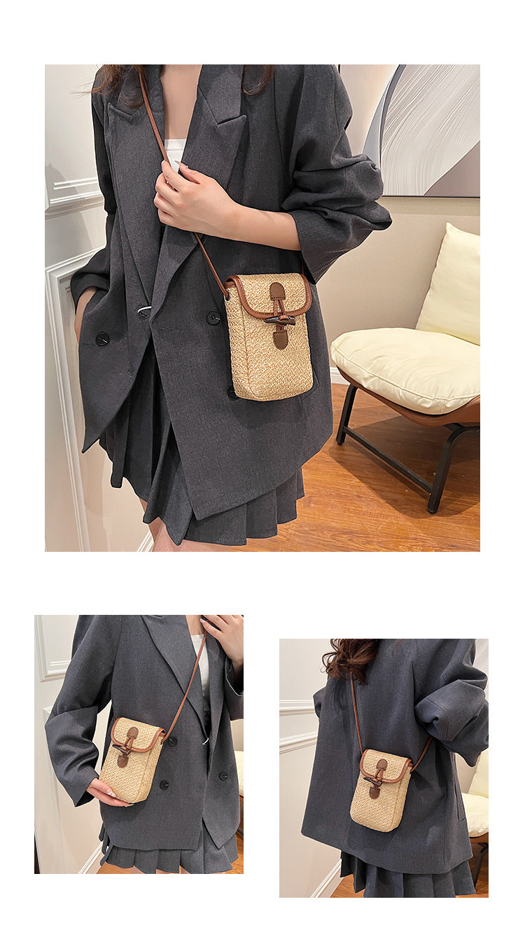 Blue And Khaki Boho Chic Woven Straw Crossbody Bag - Colourful Striped Mini Phone Pouch with Toggle Closure