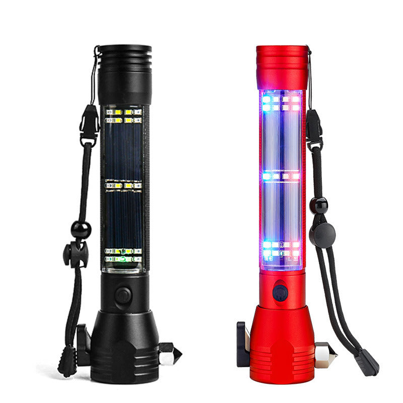 Red 8-in-1 Solar Powered Emergency Car Safety Hammer Flashlight - Window Breaker, Seatbelt Cutter, Alarm & Power Bank