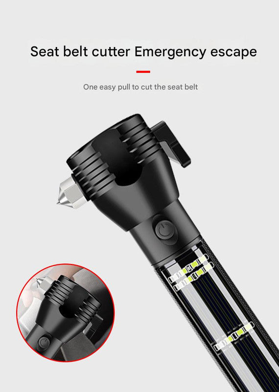 Red 8-in-1 Solar Powered Emergency Car Safety Hammer Flashlight - Window Breaker, Seatbelt Cutter, Alarm & Power Bank