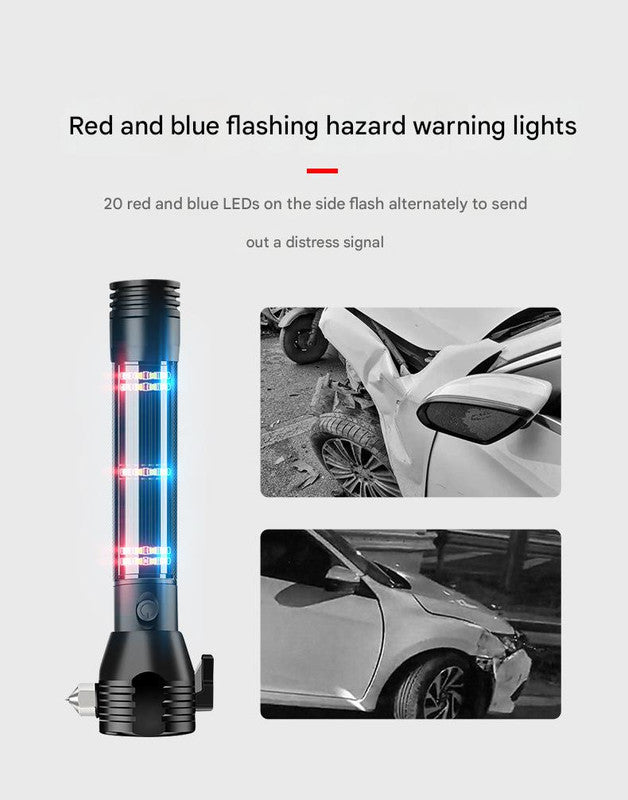 Red 8-in-1 Solar Powered Emergency Car Safety Hammer Flashlight - Window Breaker, Seatbelt Cutter, Alarm & Power Bank