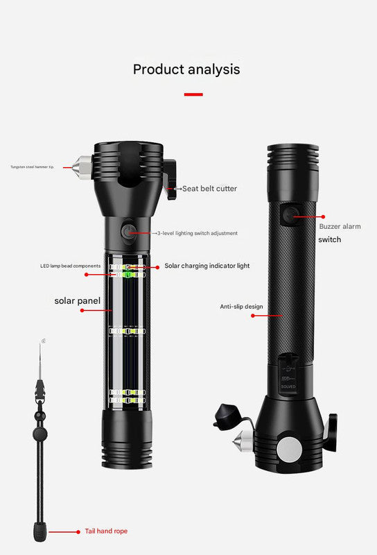 Red 8-in-1 Solar Powered Emergency Car Safety Hammer Flashlight - Window Breaker, Seatbelt Cutter, Alarm & Power Bank