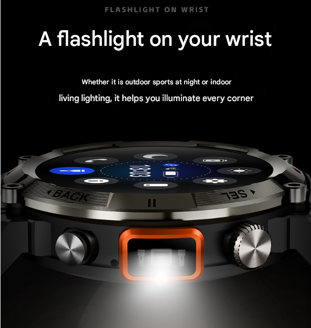 Black-red Steel Belts Outdoor Smartwatch with 1.45-Inch HD Round Screen and Flashlight