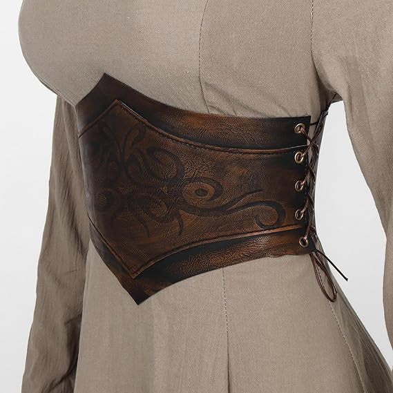 Medieval-Style Women's Leather Belt with Lace-Up Design, 115cm