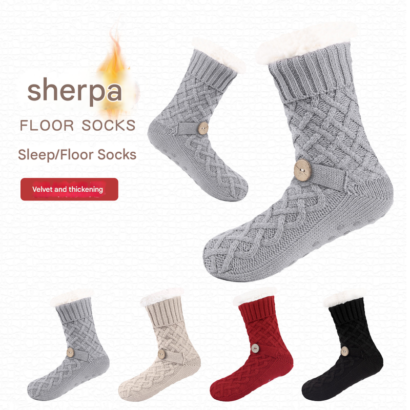 Black Women's Cozy Cable Knit Slipper Socks - Plush Fleece Lined Thermal Socks with Non-Slip Grips