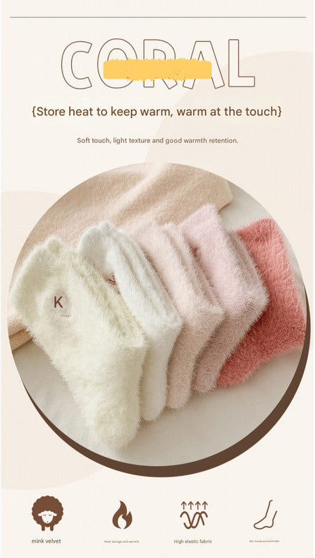 2-Piece Light Pink Women's Ultra-Soft Fuzzy Socks - Plush Chenille Thermal Crew Socks with Heart Embroidery