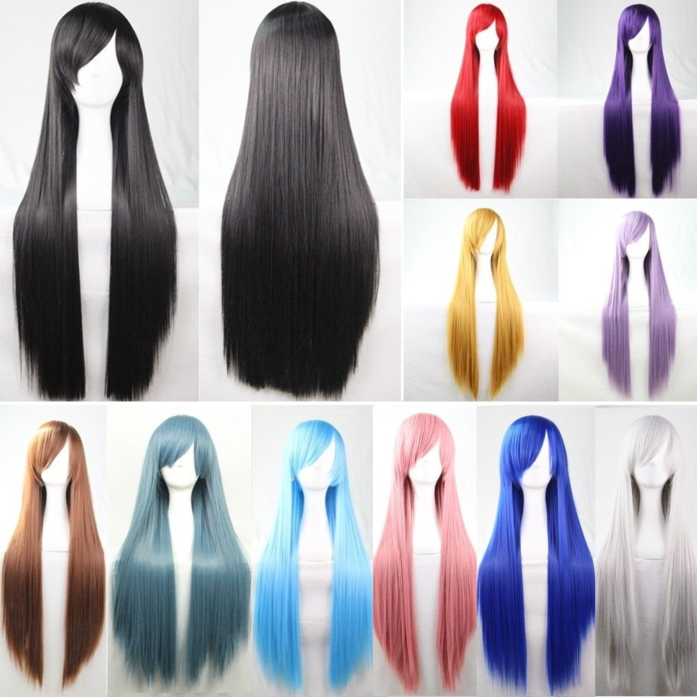 New 80cm Straight Sleek Long Full Hair Wigs w Side Bangs Cosplay Costume Womens, Aqua