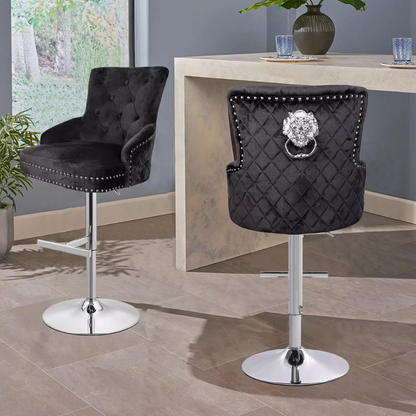 Luxurious Velvet Swivel Bar Stool with Lion Knocker & High Back