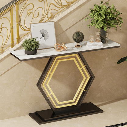 Console Table Sintered Stone Top Narrow Entryway Sofa Side Table Geometric Base