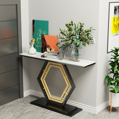 Console Table Sintered Stone Top Narrow Entryway Sofa Side Table Geometric Base