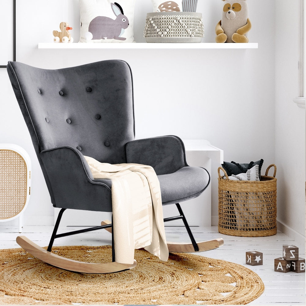 Grey Velvet Rocking Armchair Accent Chair