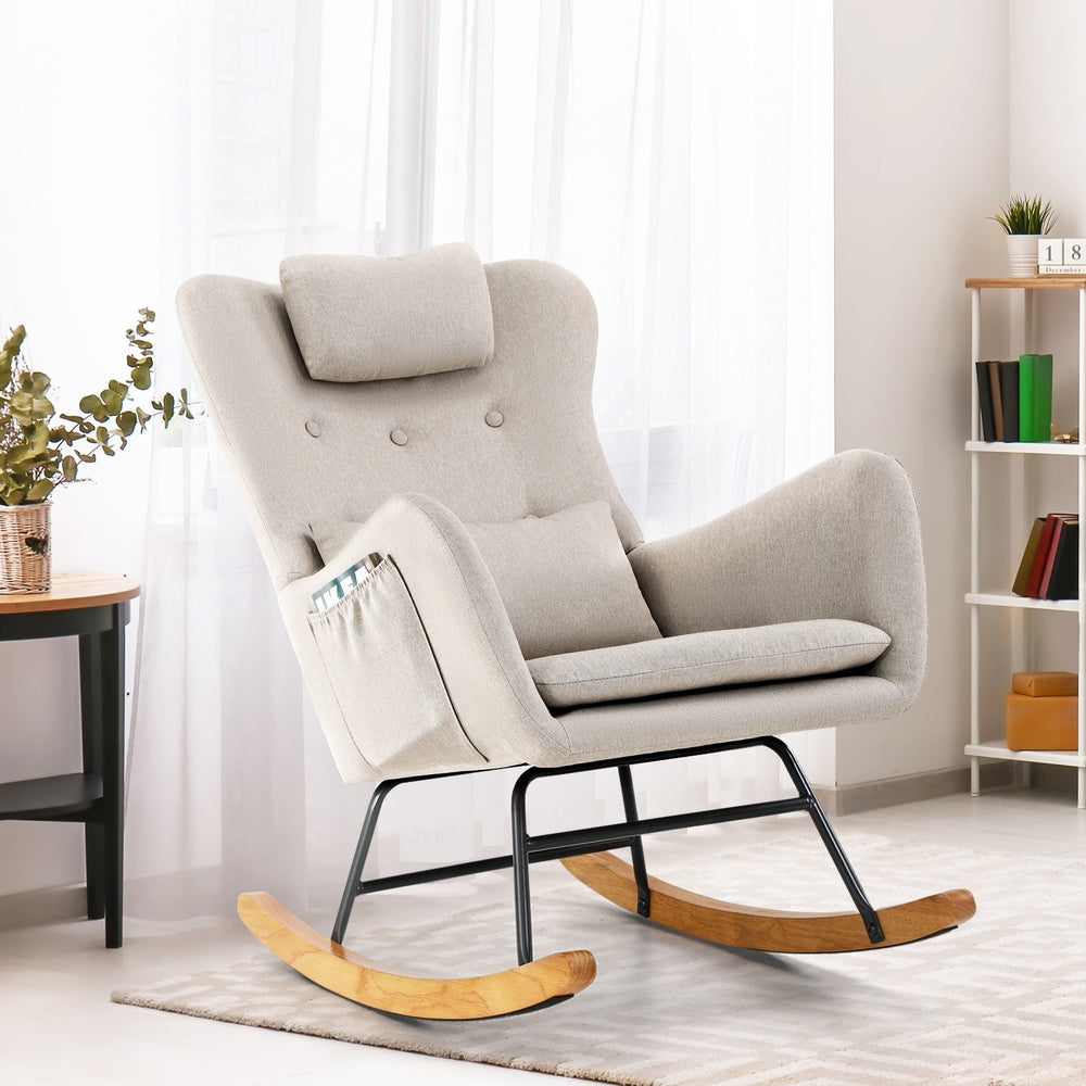 Rocking Armchair with 2 Pillows Beige Linen