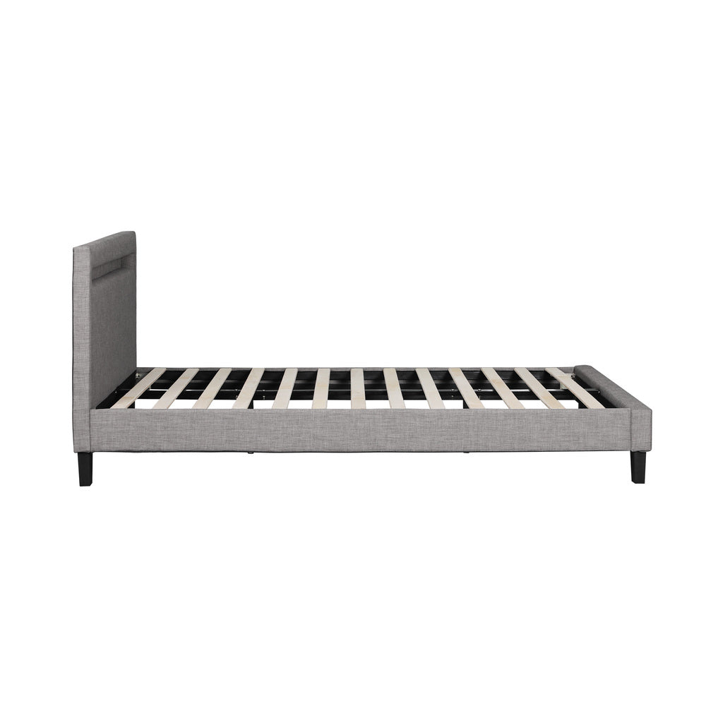 Bed Frame RGB LED Double Size Wooden Grey Fabric