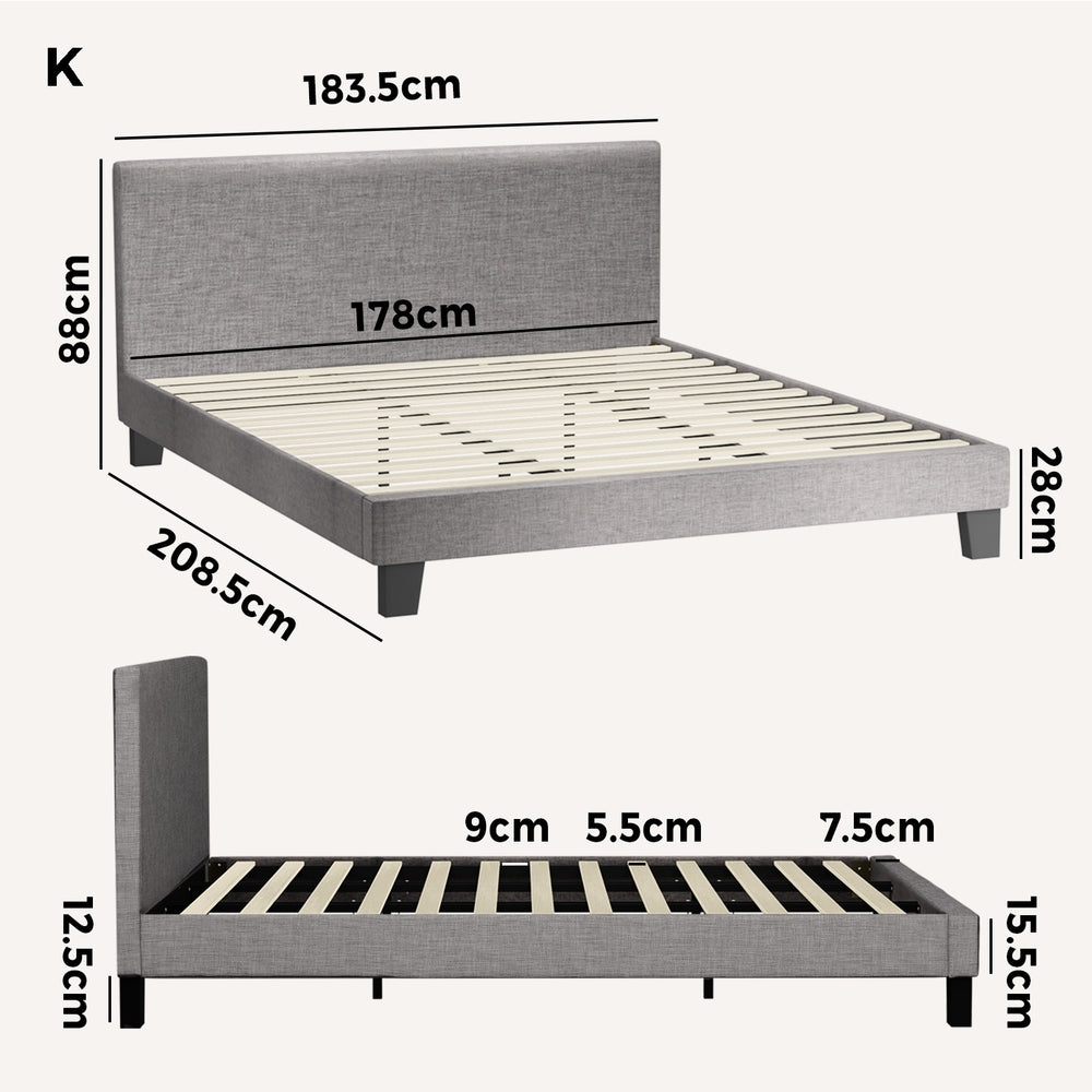 Bed Frame King Size Wooden Slats Grey Fabric