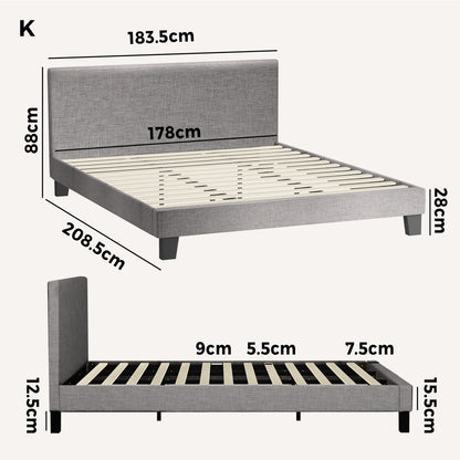 Bed Frame King Size Wooden Slats Grey Fabric